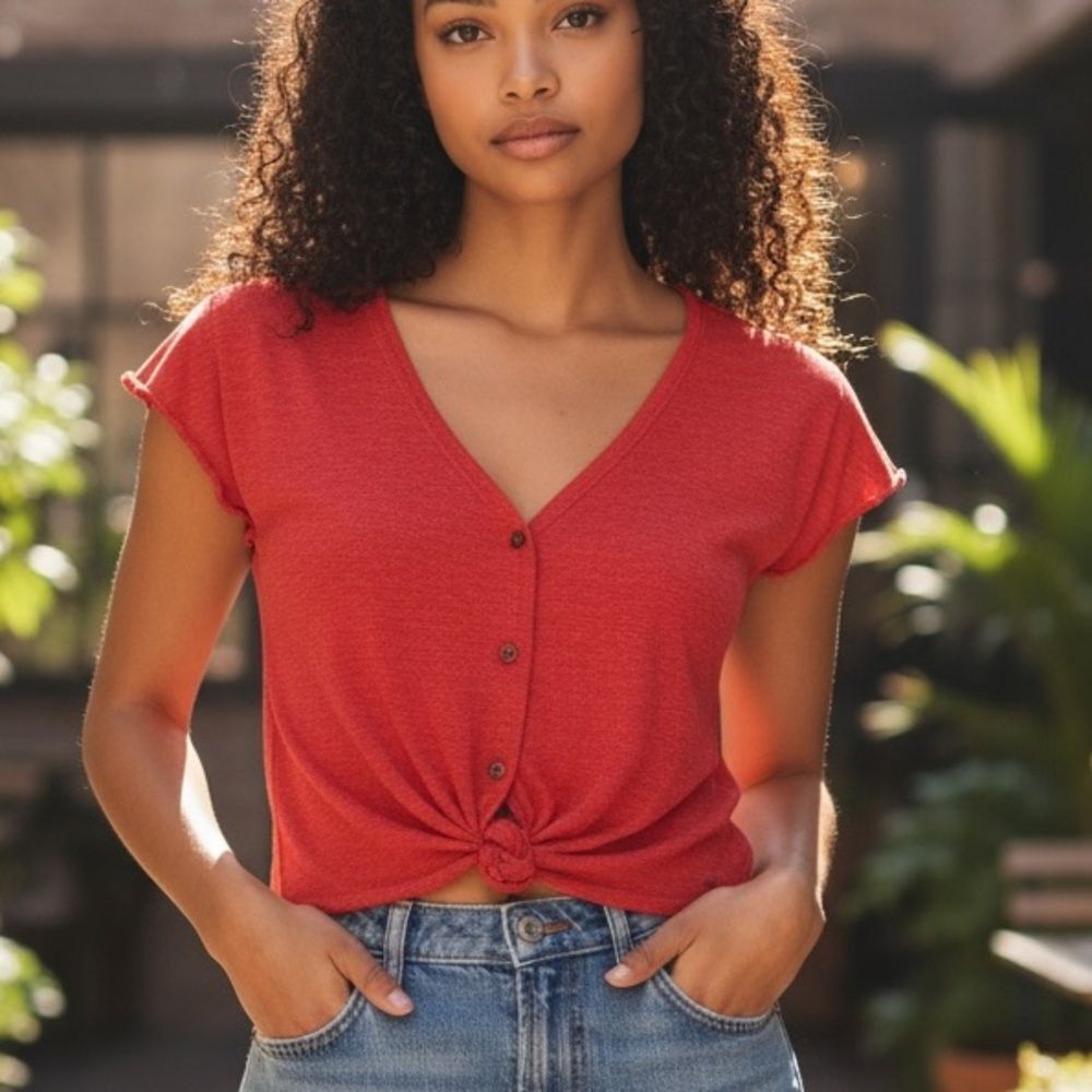 Roxy Women's Red V-Neck Button Down Flounce Sleeve Crop Top M
